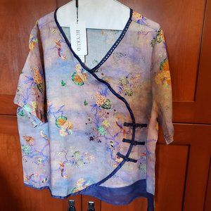 Short Sleeved Chinese Top - Lavender & Blue Floral XL